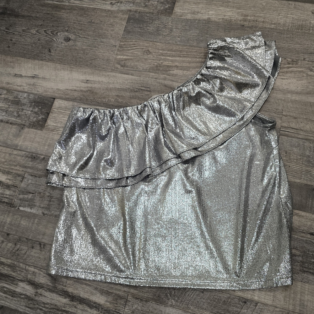 Silver One-Shoulder Ruffle Crop Top, TCEC brand, Size M